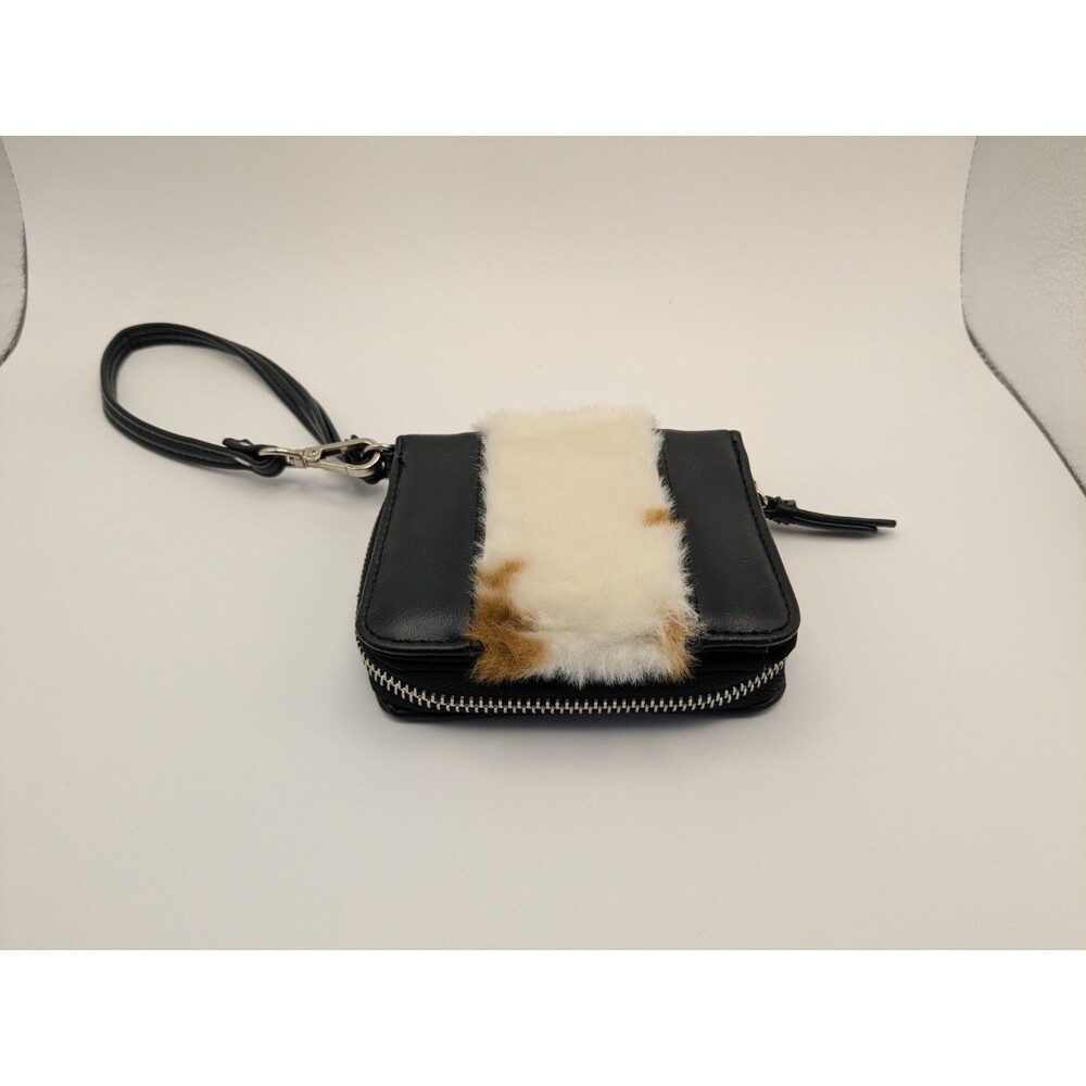 Cow Print Faux Fur Wristlet Wallet Black Brown Western Cowgirl Zip Around